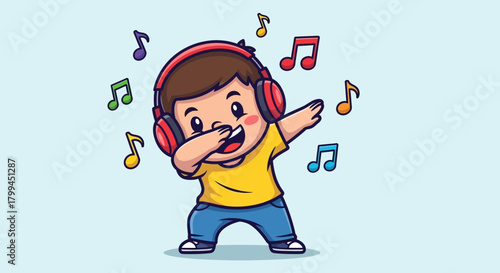 Cheerful cartoon boy with headphones listening to music and dancing happily dabbing