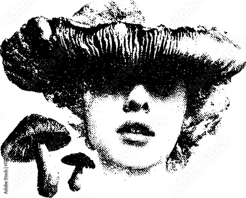 Mushroom hat and face in a monochrome graphic style. Unique vector illustration with a distinct flat design.
