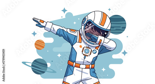 Cartoon Astronaut Doing the Dab in Space with Planets and Stars Illustration