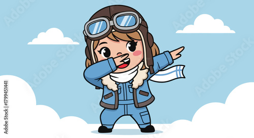 Adorable cartoon pilot girl dabbing against a light blue sky with fluffy clouds illustration