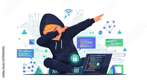 Cartoon hacker dab celebration with laptop and digital network technology background