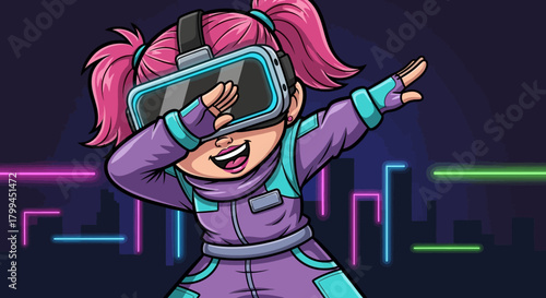 Girl immersed in virtual reality, wearing VR headset, cartoon style futuristic city backdrop,