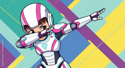 Futuristic cyborg girl with pink accents performing a dab on colorful background