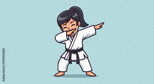 Cute cartoon karate girl dabbing in martial arts uniform and black belt pose illustration