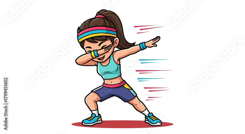 Cartoon fitness girl dabbing with movement lines expressing vitality and energy perfect for