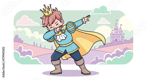 Cartoon illustration of a cheerful prince performing the dab in a whimsical landscape