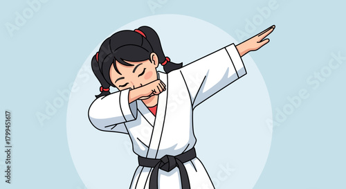 Cartoon girl in karate gi dabbing isolated on a blue background expressing joy and triumph