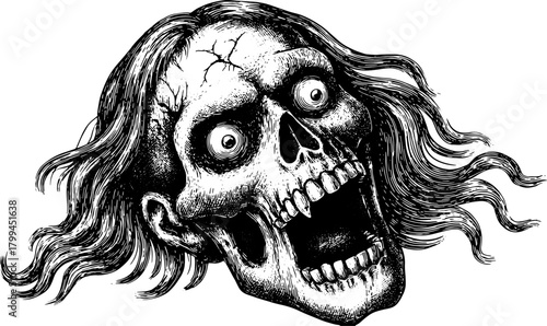 Skull art engraving in a vintage outline style. Detailed vector illustration showcasing a creepy expression in monochrome.