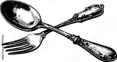Vintage spoon and fork in line drawing style. Classic cutlery vector illustration set for design.