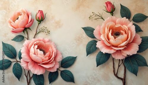 Fototapeta Naklejka Na Ścianę i Meble -  Elegant large pink peonies and rosebuds bloom against textured neutral wall. Lush green leaves and delicate stems create floral design. Perfect for chic interior decor backdrop.