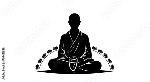 A black silhouette of a meditating monk holding prayer beads, surrounded by a semi-circle of lotus flowers on a white background.