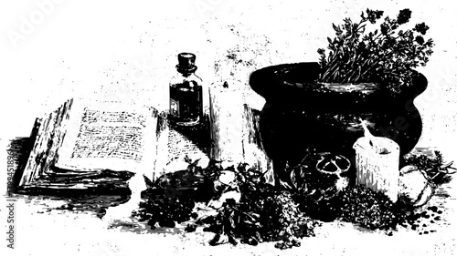 Engraving art illustration featuring herbs in a pot, a bottle, a candle, and an open book. Vintage style black and white vector set.