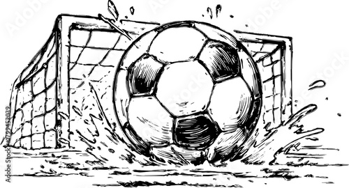 Soccer ball splashing into the goal. Vintage outline illustration with action and dynamic movement in a retro style vector design.