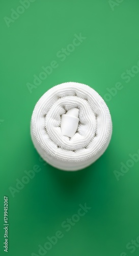 A neatly rolled white towel placed on a vibrant green background, showcasing a clean and minimalist aesthetic suitable for spa or wellness themes