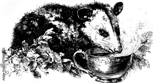 Engraving of a possum drinking from a cup. Vintage black and white illustration featuring detailed foliage, presented as a vector set.