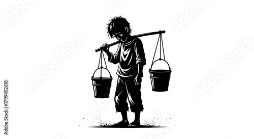 A young boy's silhouette carrying two buckets on a yoke, depicting traditional labor.