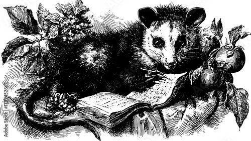 Vintage engraving of a possum among apples and leaves. Detailed line art set of nature and wildlife vector illustrations.