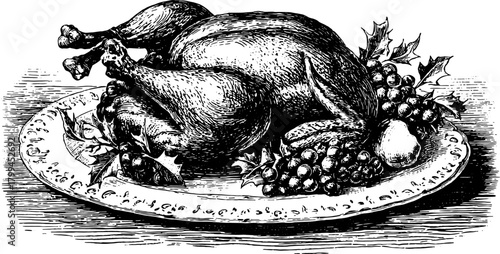 Roasted chicken on a vintage platter. Hand-drawn vector illustration featuring a decorative set of garnishes and details, suitable for fine dining.