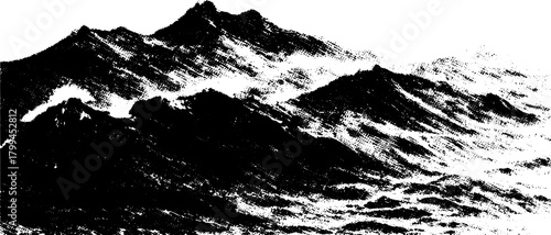 Mountains in black and white silhouette style. Stylized vector illustration depicting landscape texture and contrasting shapes in nature.
