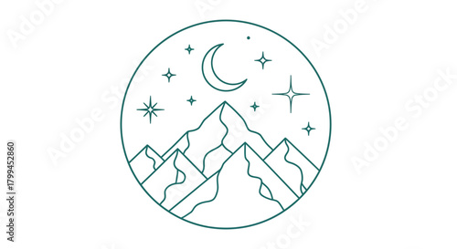 A minimalist line art illustration of mountains under a starry night sky with a crescent moon, enclosed in a circular frame.