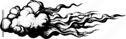 Vintage cloud with flowing lines. Detailed engraving style in black and white vector illustration, emphasizing texture and design.