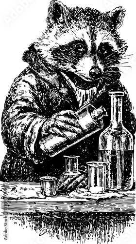 Raccoon character as a chemist with labware including glass bottles and flasks. Vintage vector illustration.