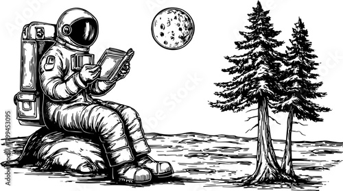 Astronaut sitting on a rock reading, with a tree and a surreal moon in the background. Black and white vector illustration depicting a unique landscape.