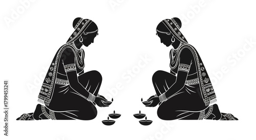 Stylized black and white illustration of two traditional Indian women lighting oil lamps (diyas) for a cultural festival.