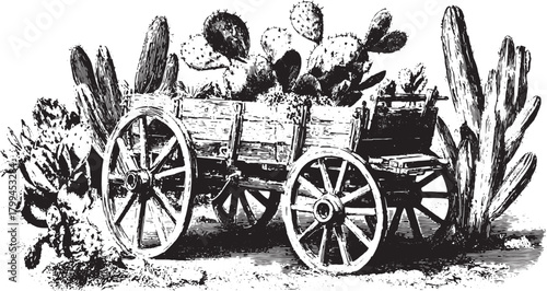 Vintage wooden wagon filled with cactus plants, surrounded by desert succulents in a rustic style. Black and white vector illustration.