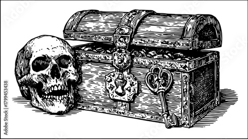 Treasure chest and skull in vintage line drawing style. Black and white detailed illustration set.