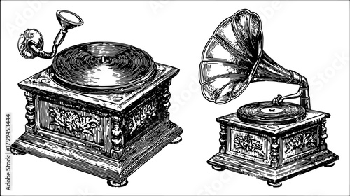 Vintage record player and gramophone vector illustration in black and white. Detailed outline design representing classic audio technology in a set format.