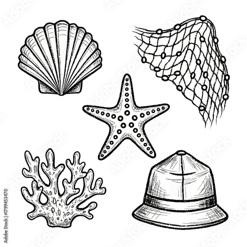 Black and white hand-drawn illustrations of marine life, fishing net, and a bucket hat.