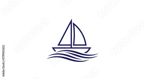 A minimalist blue line art icon of a sailboat with sails on stylized waves, against a white background.