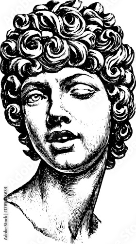 Classic bust of a human head with detailed facial features and curly hair. Monochrome vector illustration capturing the vintage artistic style.