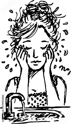 Woman washing her face with water at a sink. Simple black and white vector illustration of a personal hygiene routine set in a bathroom.