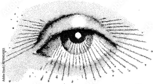 Illustration of an eye in detail, capturing vision with black and white contrast. This vector illustration features fine lines and hatching for texture.