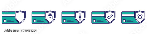 Shield and credit card icon set representing payment security, suitable for financial institutions, cybersecurity visuals, and secure checkout designs
