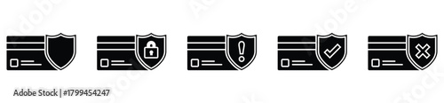 Secure transaction icon pack showcasing credit card and shield graphics, ideal for online payments, fintech solutions, and banking safety features.