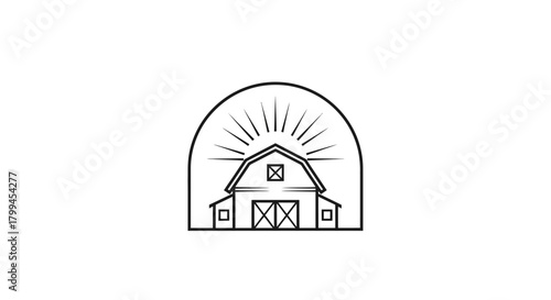 A minimalist line art illustration of a classic barn with radiating sunbeams in an arched frame.