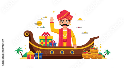 Cartoon illustration of King Mahabali in a traditional boat with gifts and fruits, celebrating Onam festival in Kerala, India.