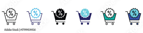 Retail promotion icons featuring sale tags, coupon cards, shopping carts, and percent labels for digital storefronts and advertising materials.