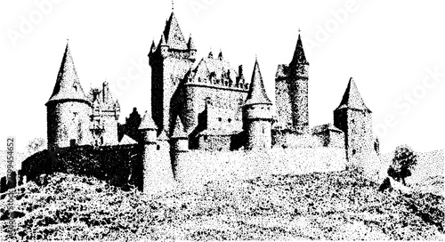 Castle architecture in black and white. Medieval fortress building in landscape, detailed vector illustration.