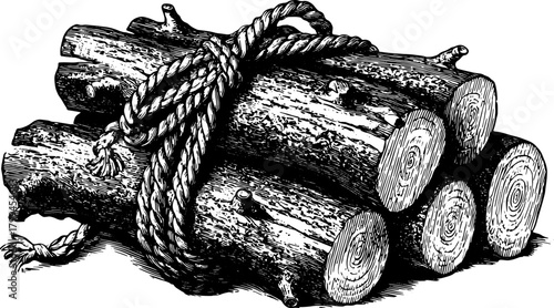 Logs bundled with rope in a vintage line drawing style. Detailed black and white vector illustration representing natural wood texture.
