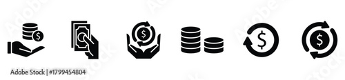 Financial refund and cashback icons set showing money return, rebate offers, investment returns, savings, and currency exchange in clean line vector style.