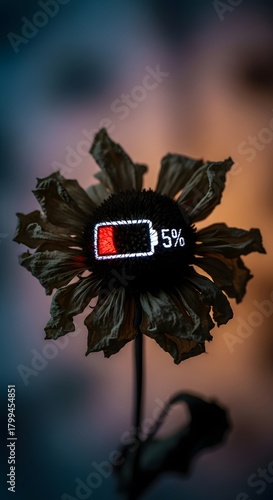 A wilted flower with a digital battery icon displaying 5% charge, symbolizing exhaustion or low energy in a creative and visually striking manner