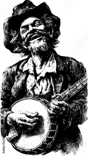 Vintage banjo musician engraving. Hand-drawn black outline illustration capturing a classic music performance vector set.