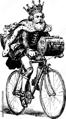King riding a bicycle. Retro vector illustration featuring detailed engraving style in an antique setting.