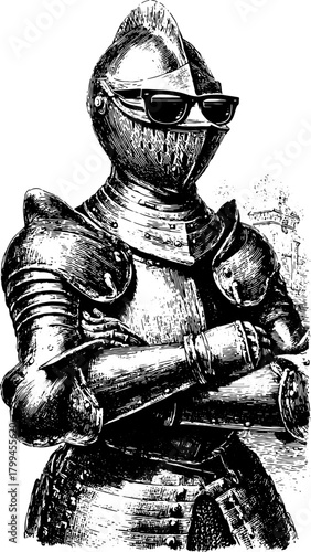 Vintage knight in armour wearing sunglasses, a hand-drawn vector illustration set against a black background. This artwork showcases a classic, iconic design.