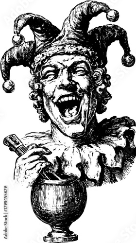 Jester engraving in vintage style. Hand-drawn black outline illustration of a joyful character, perfect for a vector artwork set.