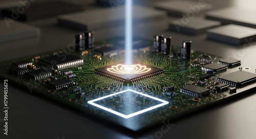 Close-up of a modern printed circuit board with illuminated components and electronic connections on a dark surface